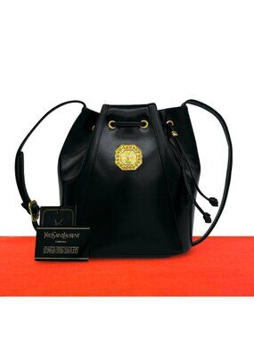 Saint Laurent Eve Vintage YSL Logo Leather Drawstring Shoulder Bag Black
